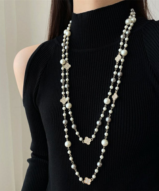 White Pearl Clover Zircon Necklace