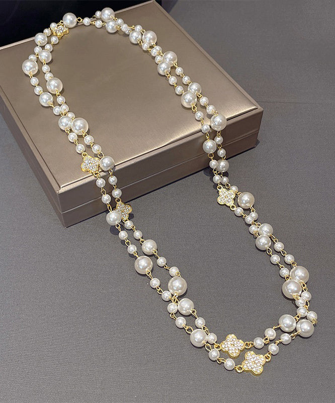White Pearl Clover Zircon Necklace