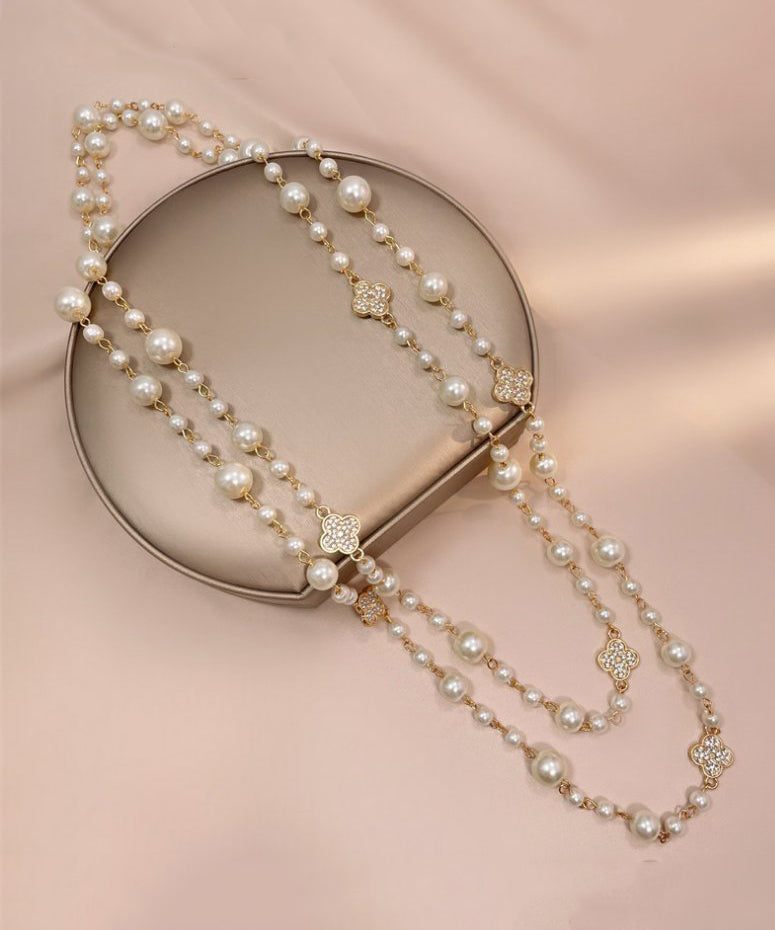 White Pearl Clover Zircon Necklace