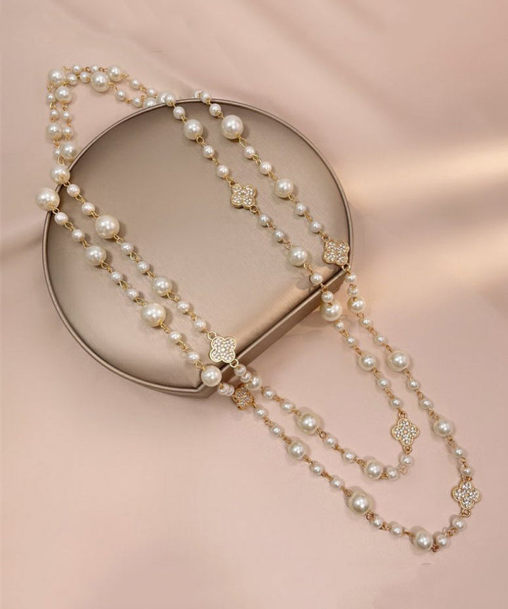 White Pearl Clover Zircon Necklace