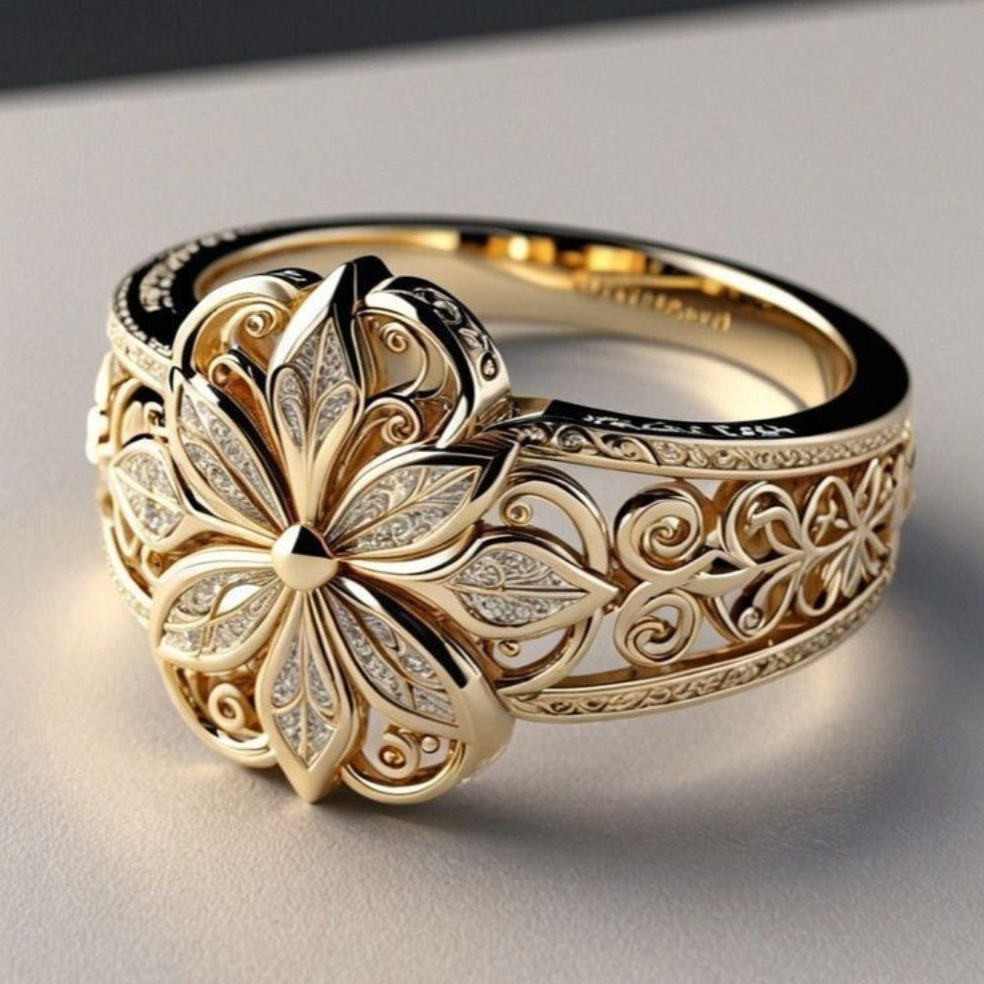 Coral | Gold ring with floral zircons