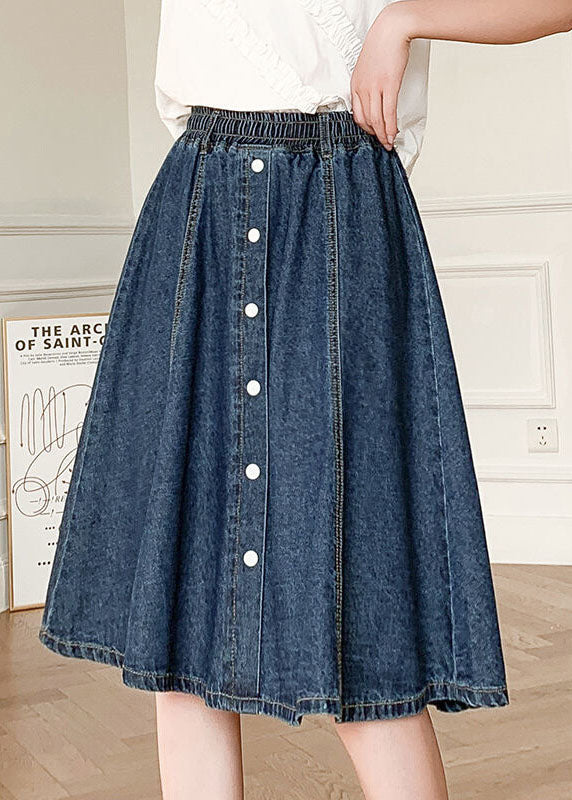 Navy Elastic Waist Button Denim Skirt