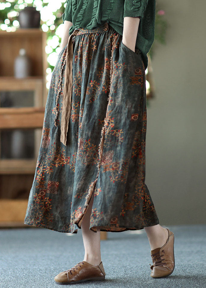 Navy Loose A-Line Linen Sash Skirt