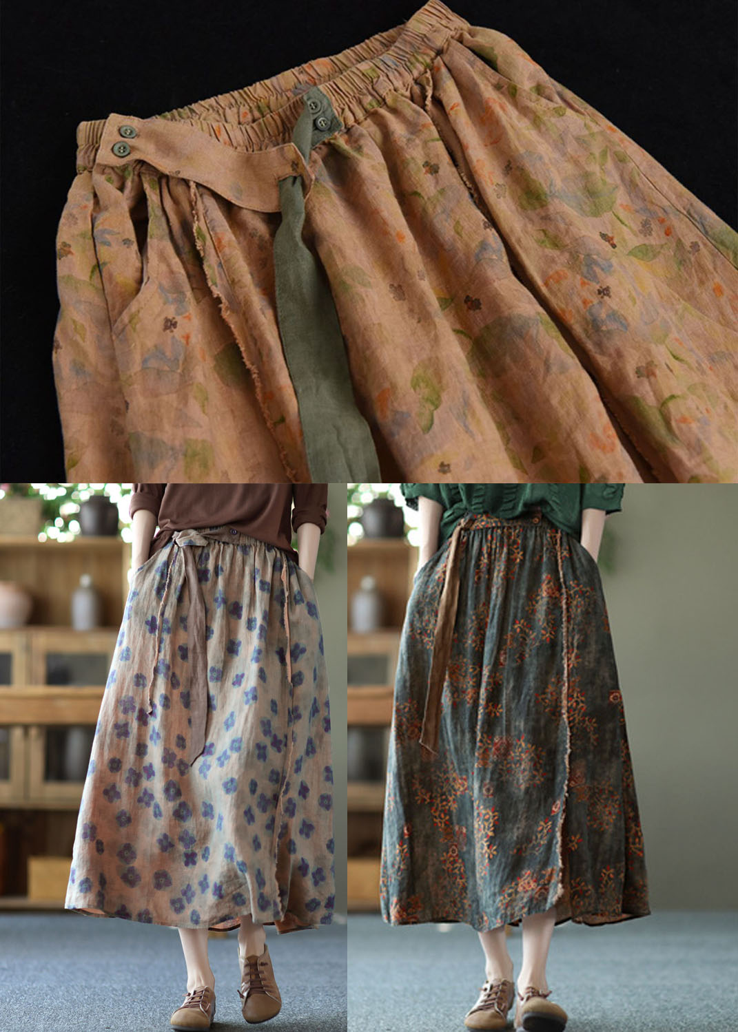 Navy Loose A-Line Linen Sash Skirt