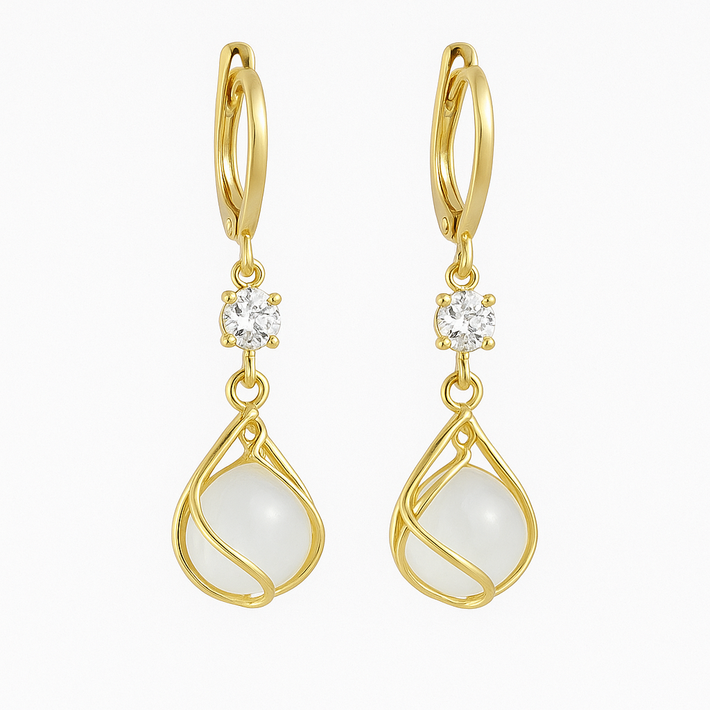 Sage | Golden Hanging Earrings with White Opal