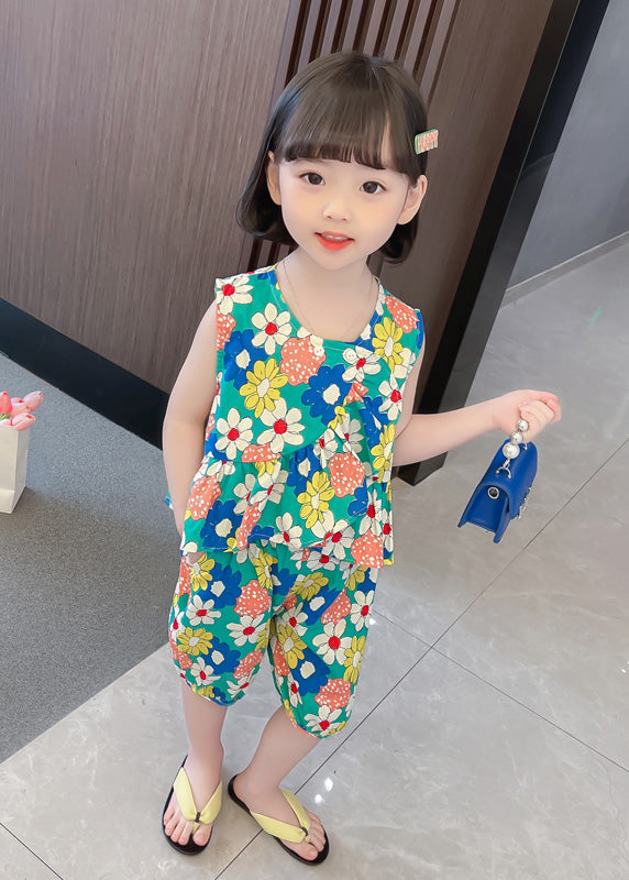 Green Print Vest Shorts Two-Piece Set