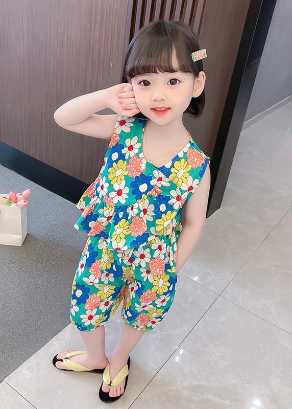 Green Print Vest Shorts Two-Piece Set
