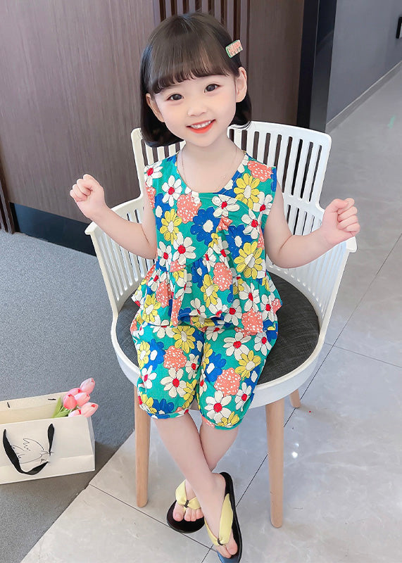 Green Print Vest Shorts Two-Piece Set