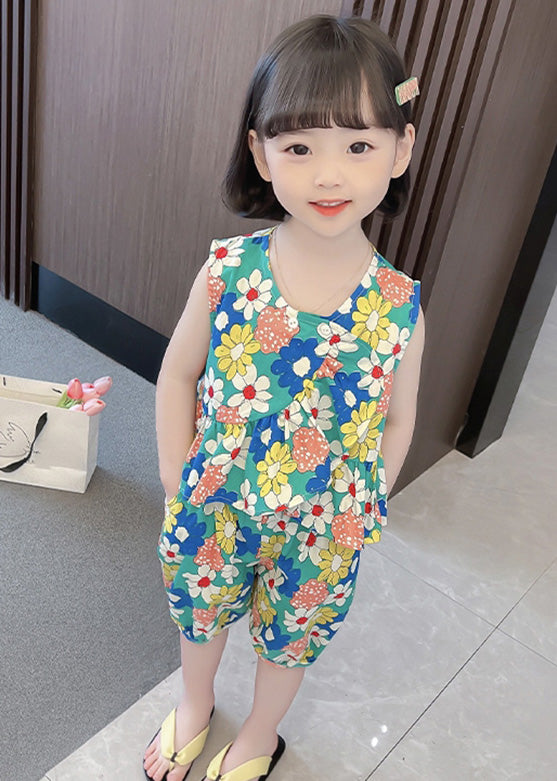 Green Print Vest Shorts Two-Piece Set
