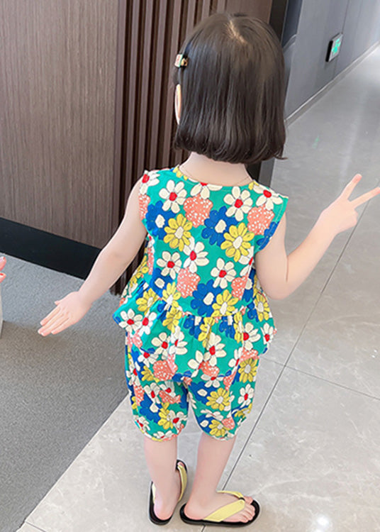 Green Print Vest Shorts Two-Piece Set