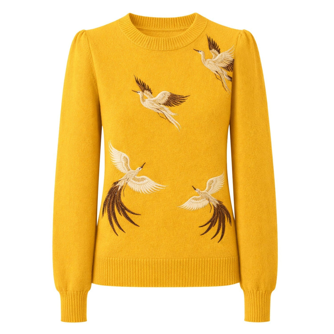 Yellow | artistic bird embroidery art vintage jacquard knitwear