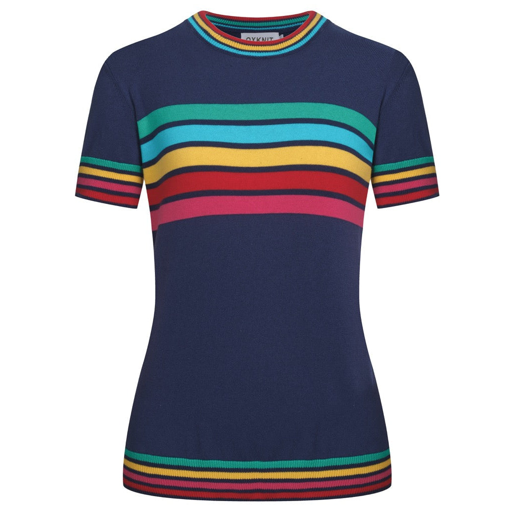 Dark Blue | Rainbow Striped Classic Jacquard Knit T-Shirt