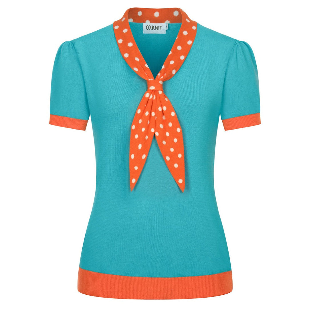 Blue & Green | Retro Polka Dot Bow Tie Knit Top