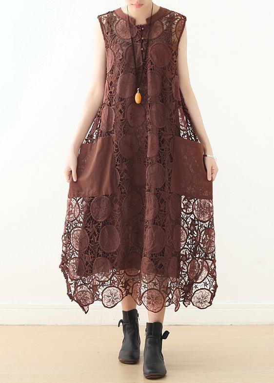 Coffee Sleeveless Lace Cotton Tunic Dress