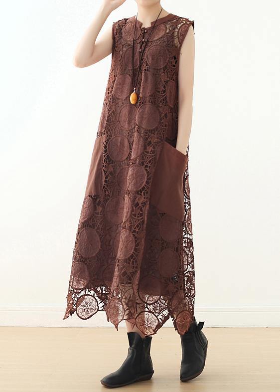 Coffee Sleeveless Lace Cotton Tunic Dress