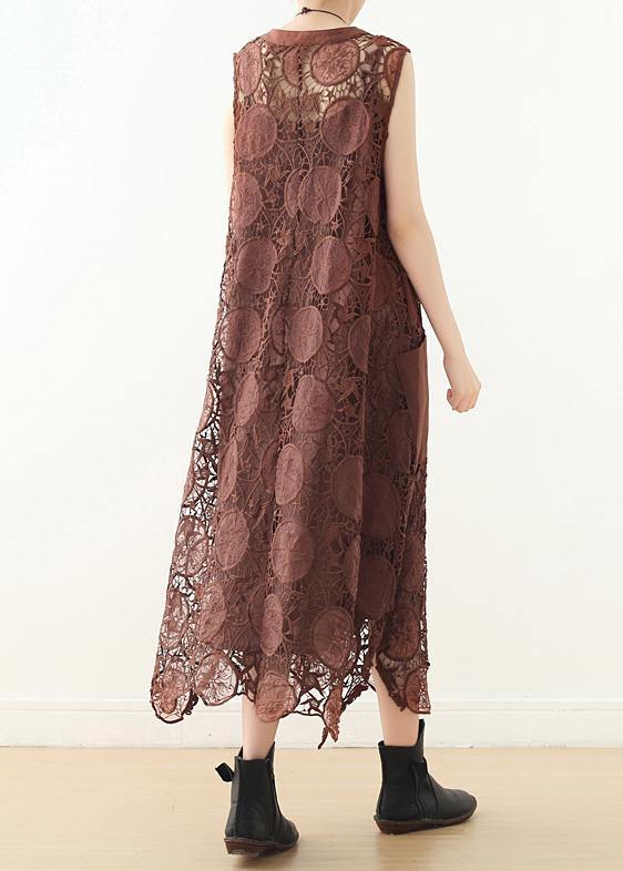 Coffee Sleeveless Lace Cotton Tunic Dress