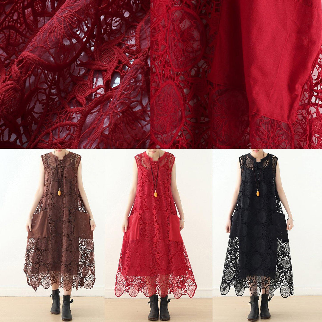 Coffee Sleeveless Lace Cotton Tunic Dress