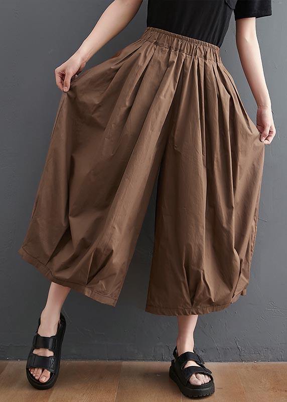 Plus Size Brown Pockets Wide Leg Cotton Linen Summer Pants