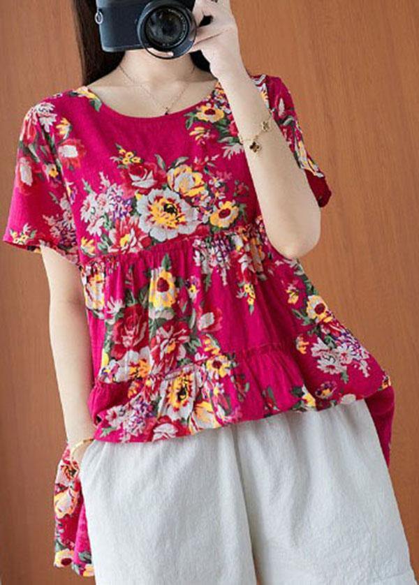 Rose Print Cinched Linen Blouse