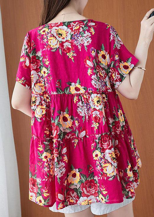 Rose Print Cinched Linen Blouse