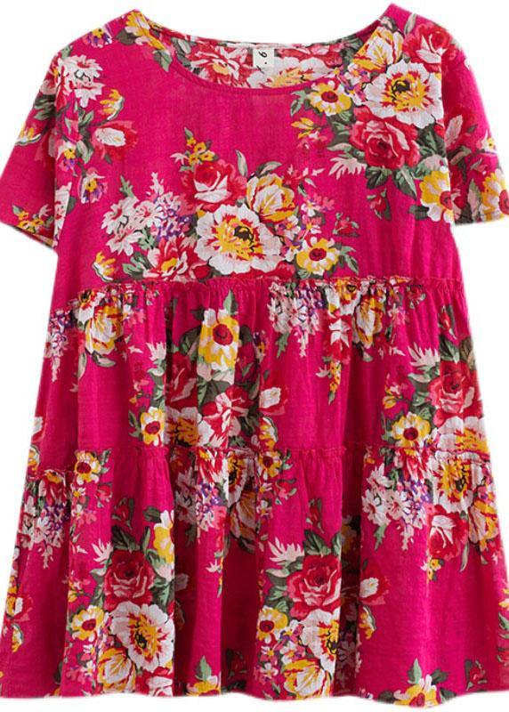 Rose Print Cinched Linen Blouse
