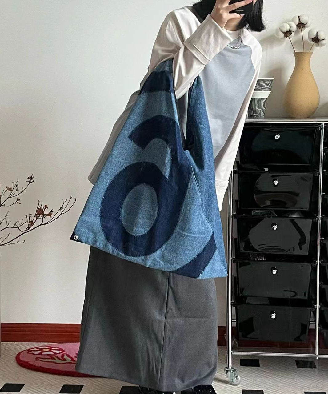 Retro Blue Denim Patchwork Tote