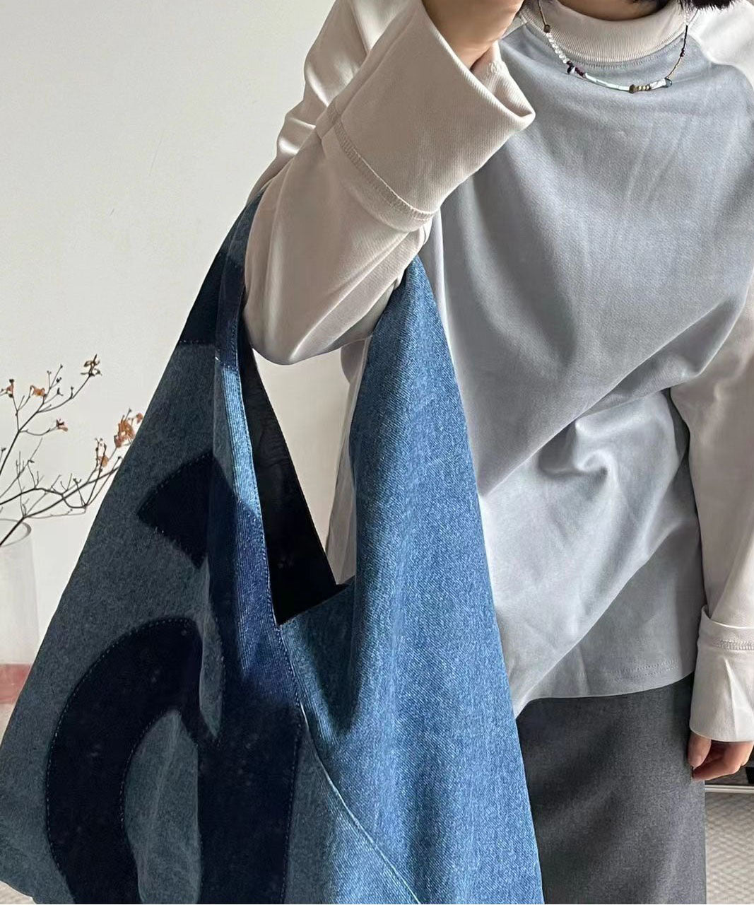 Retro Blue Denim Patchwork Tote