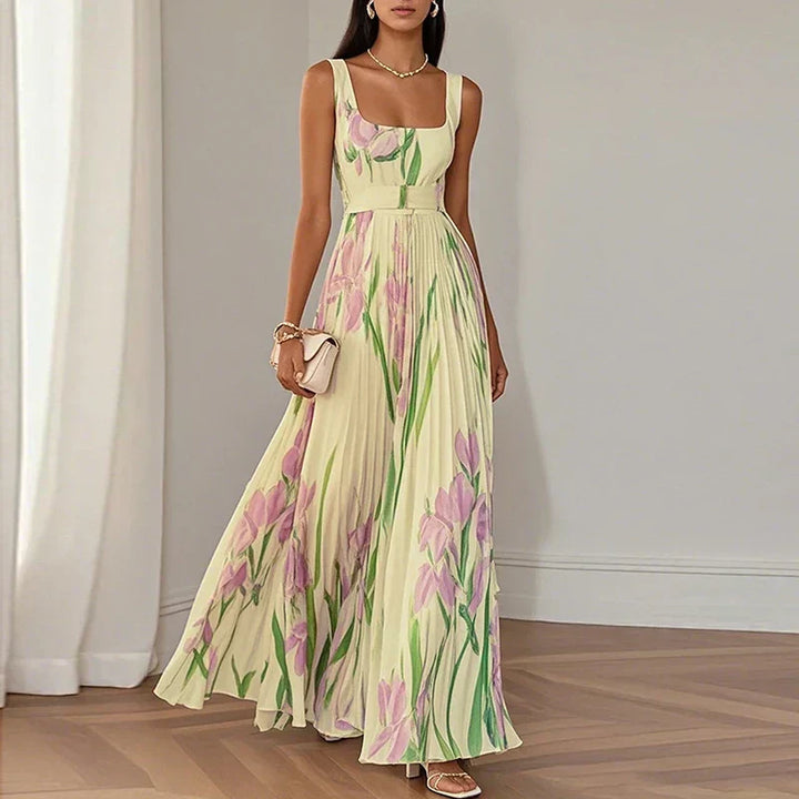 LYRA | Elegant Maxi Floral Dress with Flattering Pleated Silhouette