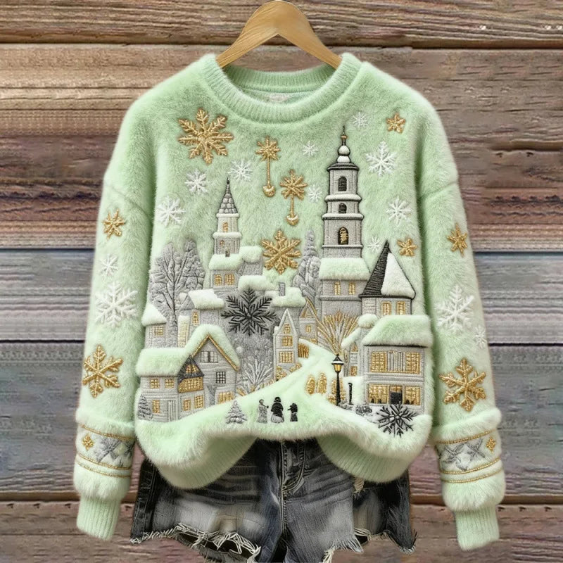 Cosy Winter Jumper – Snowy Village (Green) — Jarah Melbourne