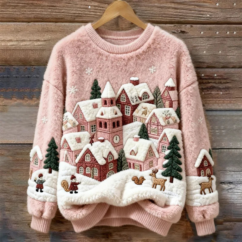 Cosy Winter Jumper – Snowy Village (Pink) — Jarah Melbourne