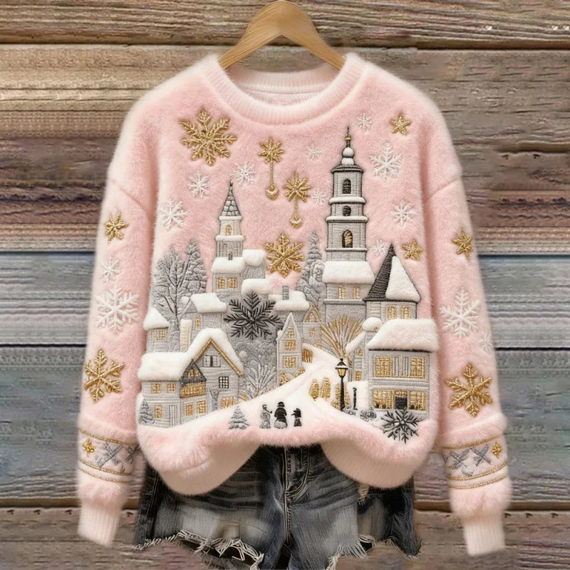 Cosy Winter Jumper – Snowy Village (Rose) — Jarah Melbourne