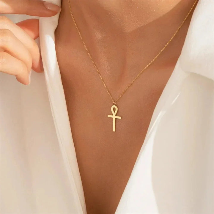 Coral | Gold Ankh Pendant Necklace