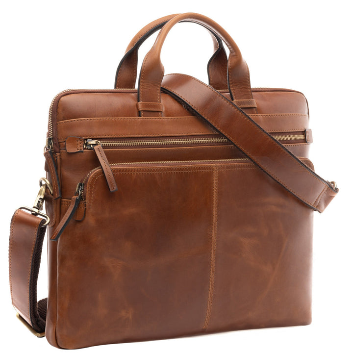 Slim Leather Laptop Bag Brown 14" CARSON Work Bag Briefcase