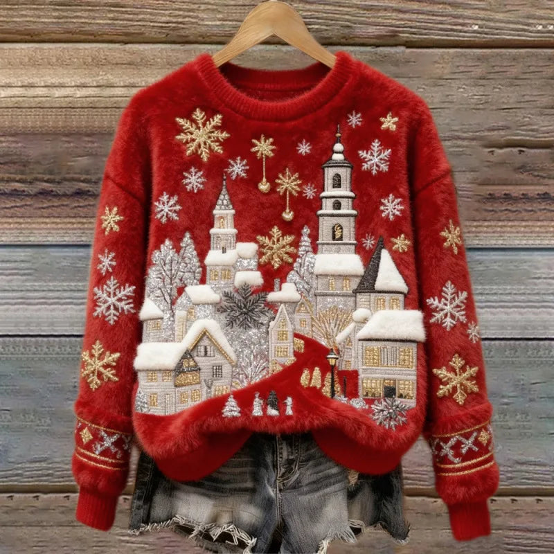 Cosy Winter Jumper – Snowy Village (Red) — Jarah Melbourne