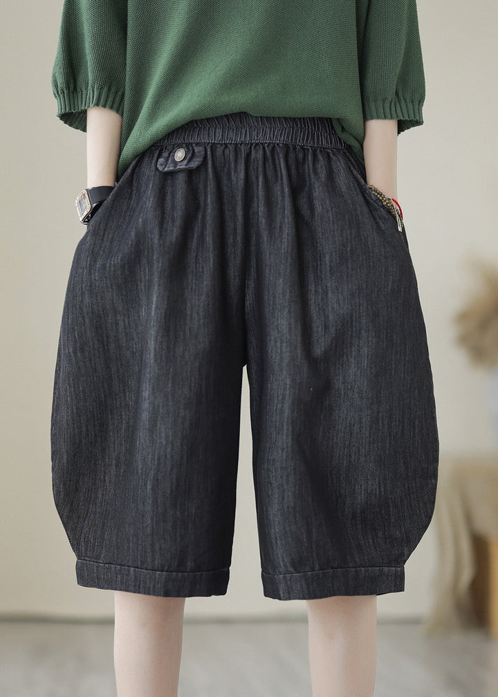 Black Elastic Waist Pocket Cotton Shorts
