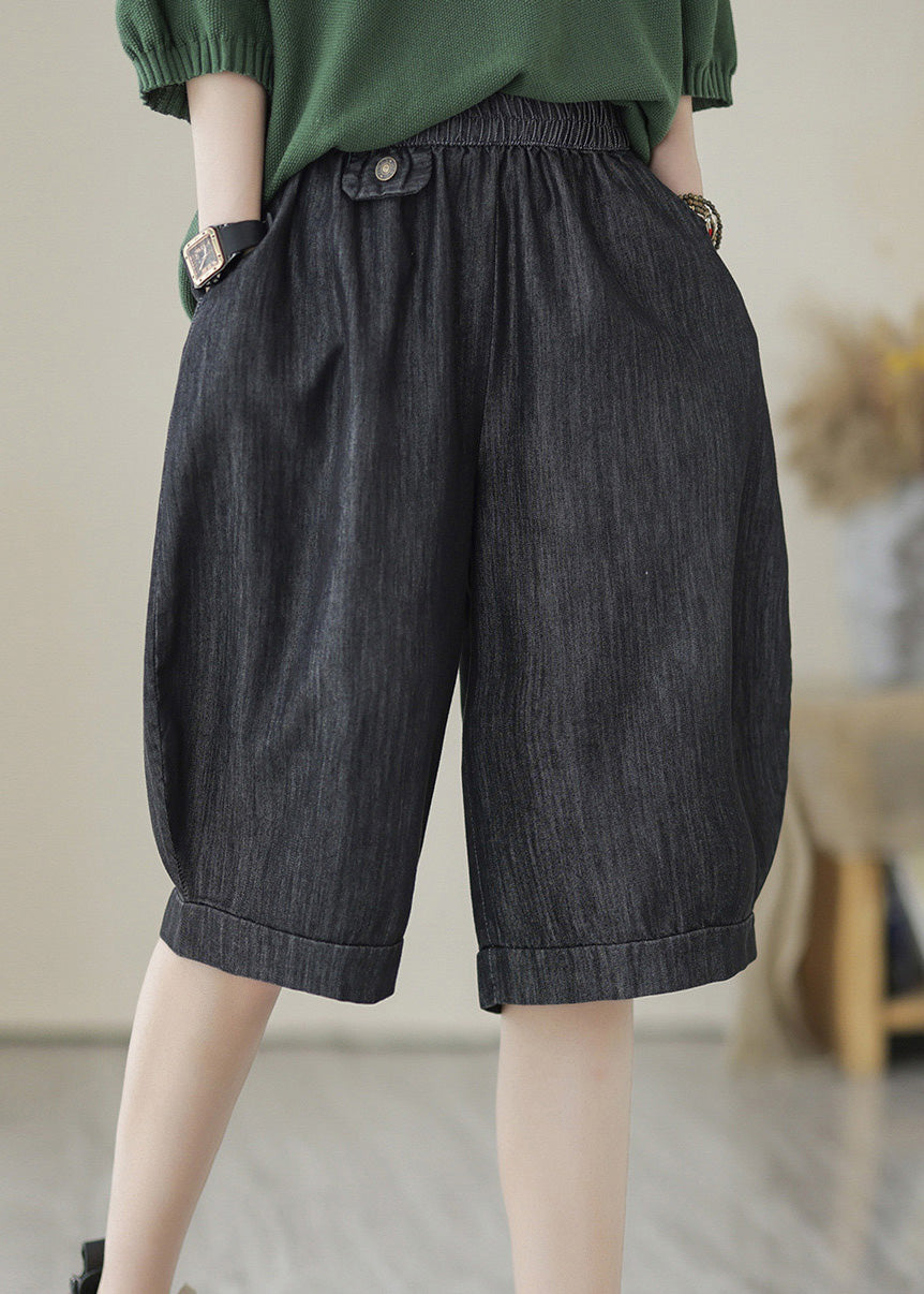 Black Elastic Waist Pocket Cotton Shorts