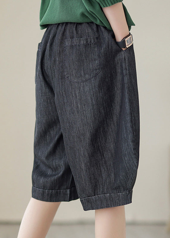 Black Elastic Waist Pocket Cotton Shorts