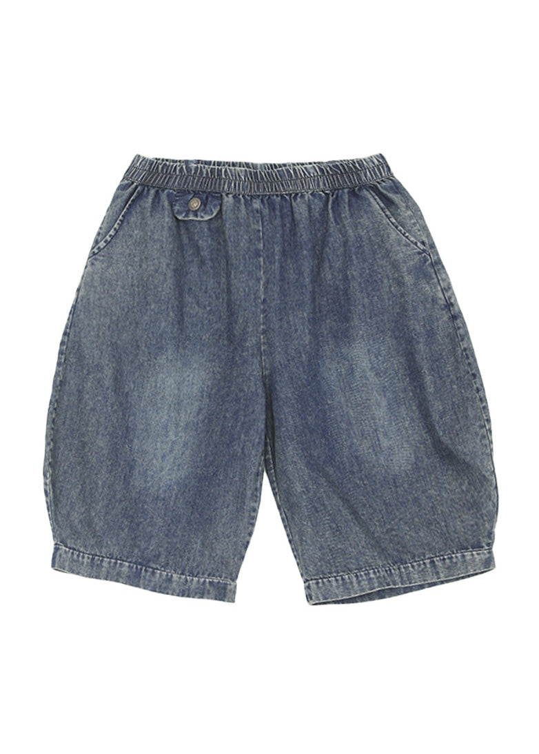 Black Elastic Waist Pocket Cotton Shorts