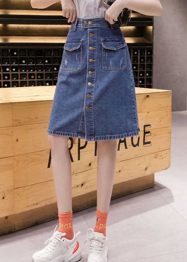 Simple Blue Pockets Button Cotton Denim Wrap Skirt Summer