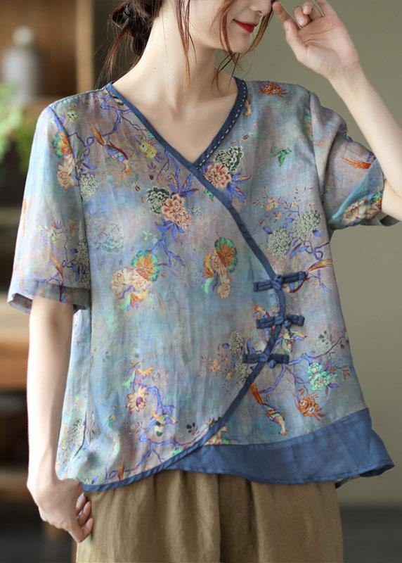 Blue Print Ramie Oriental Top