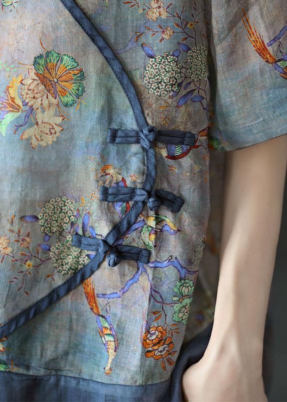 Blue Print Ramie Oriental Top