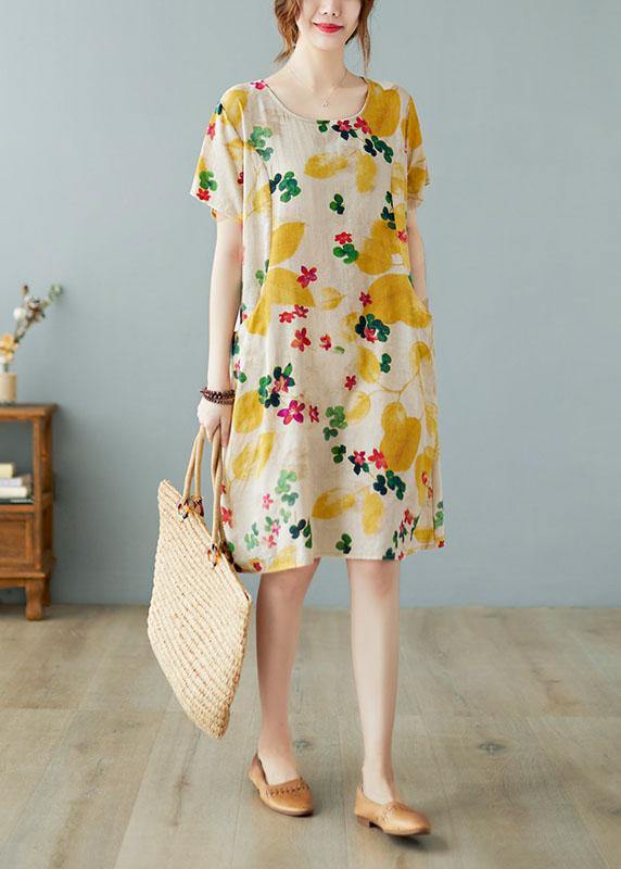 Yellow O-Neck Cotton Linen Summer Dress