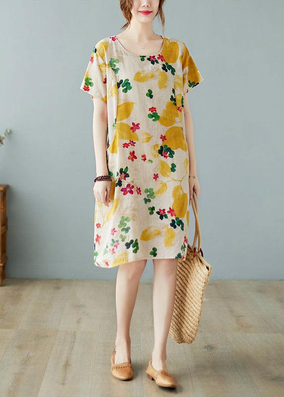 Yellow O-Neck Cotton Linen Summer Dress