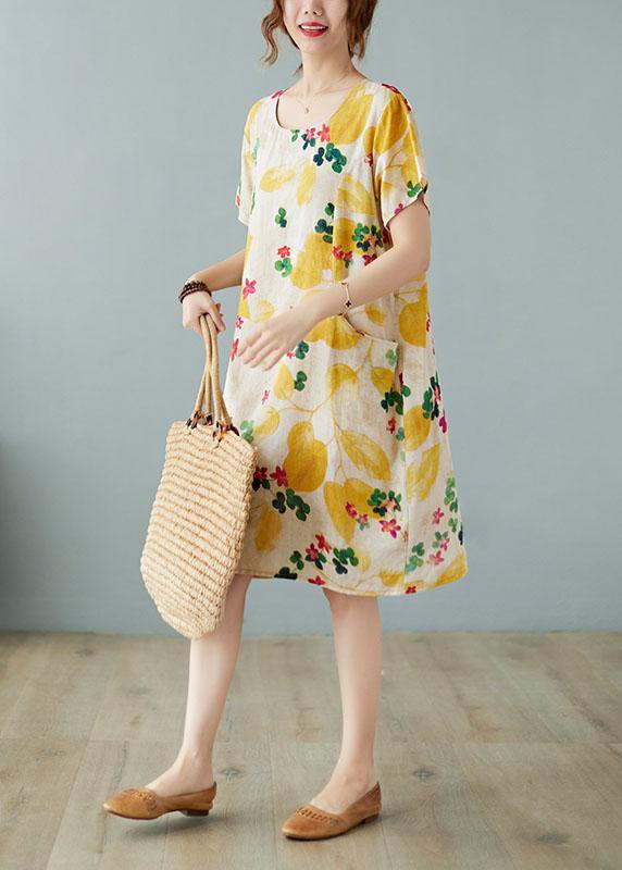 Yellow O-Neck Cotton Linen Summer Dress