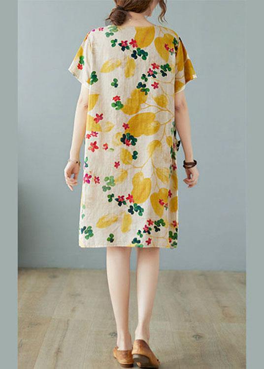 Yellow O-Neck Cotton Linen Summer Dress