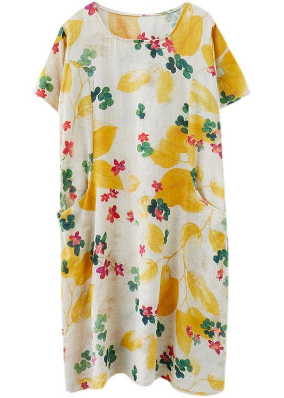 Yellow O-Neck Cotton Linen Summer Dress