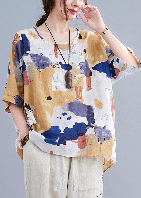 Yellow Printed Cotton Linen Summer Top
