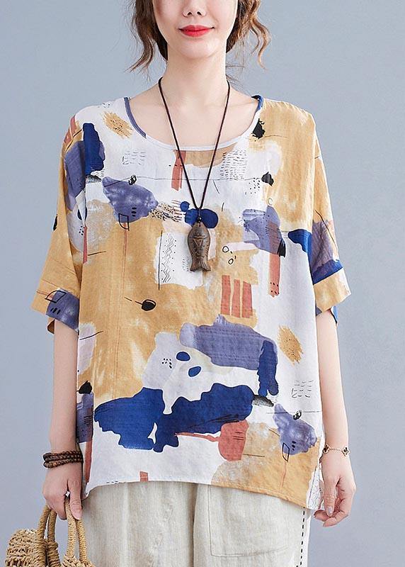 Yellow Printed Cotton Linen Summer Top