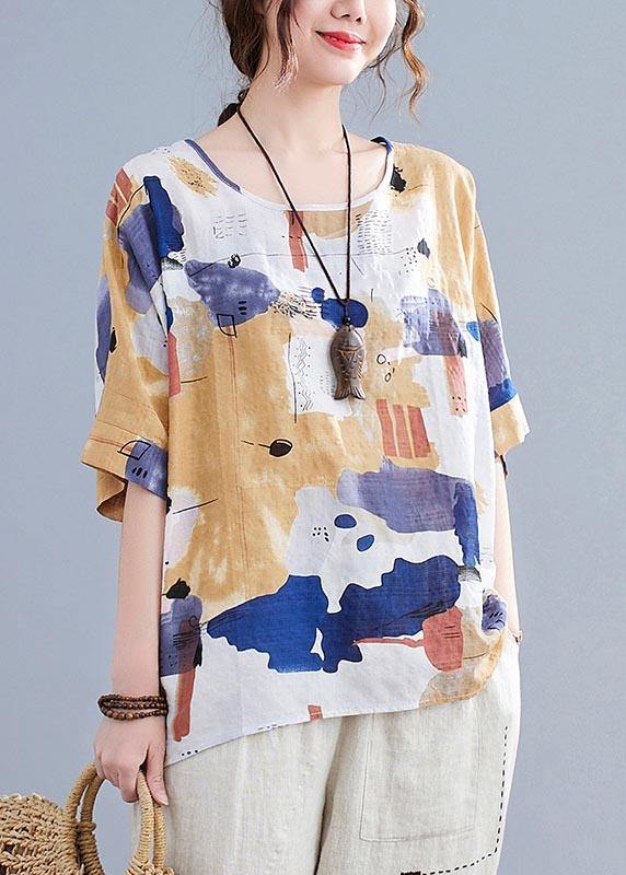 Yellow Printed Cotton Linen Summer Top