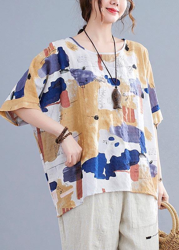 Yellow Printed Cotton Linen Summer Top